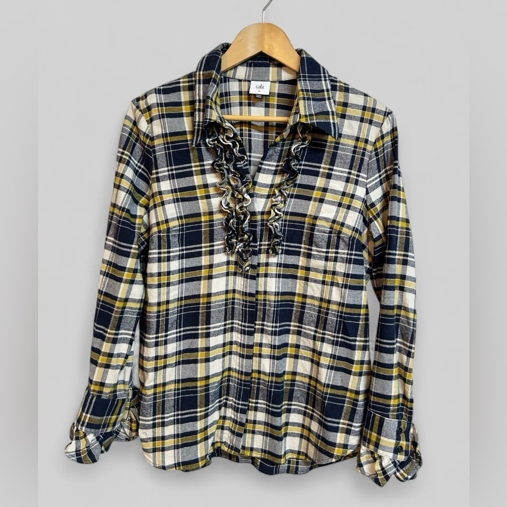 CAbi Seattle Shirt Women's Medium Plaid Flannel Ruffle Button Down Blue Yellow - Picture 3 of 9